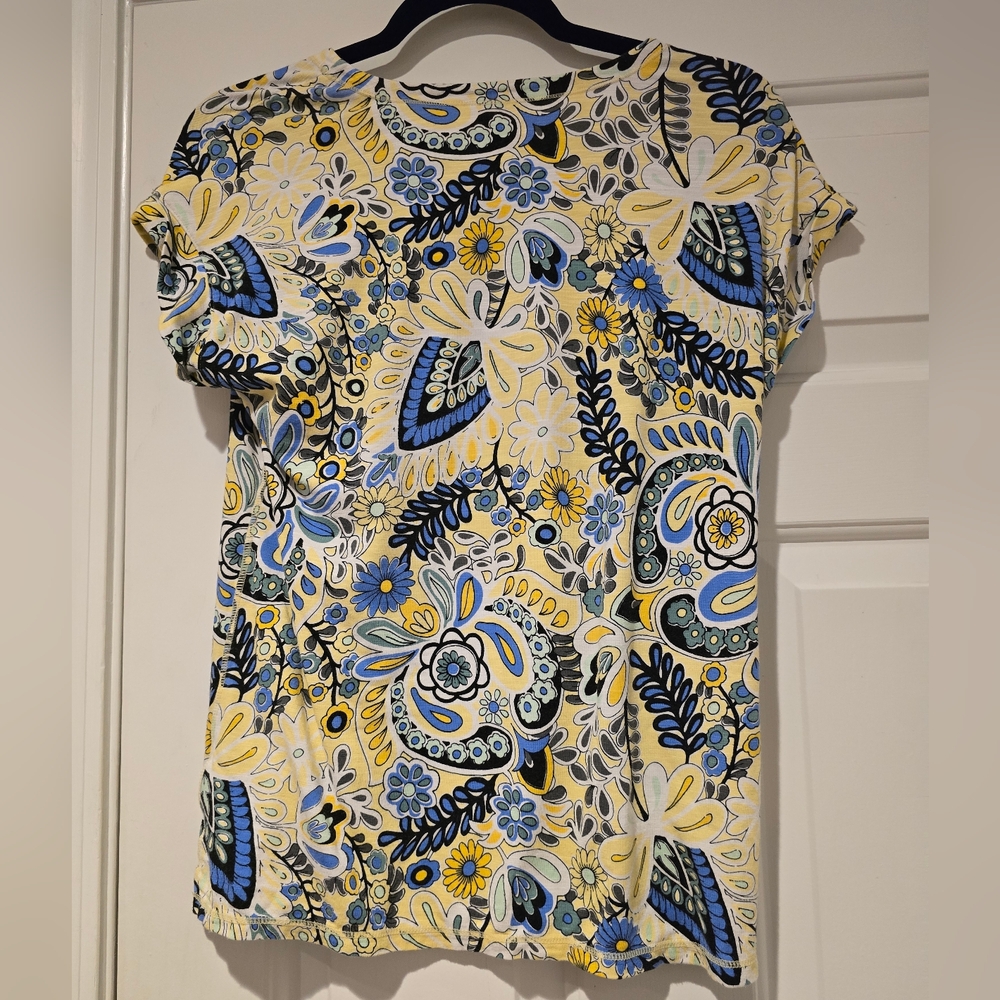 T By Talbots Petite Size Small Yellow Floral Print Cap Sleeve Blouse - Picture 2 of 5